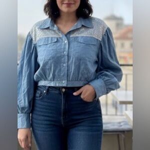 Forever 21 Denim Blue Blazer with Sheer Panels